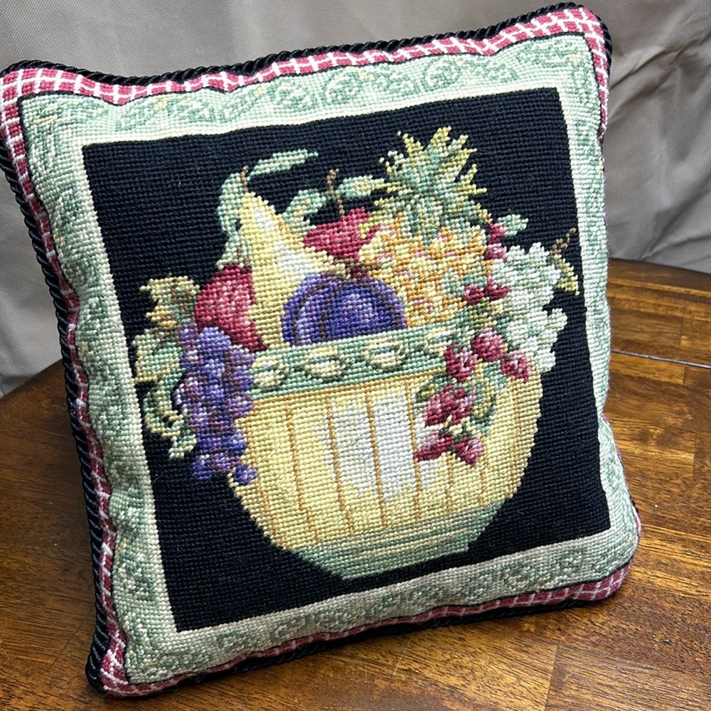 needlepoint pillow by hand fruit basket multi color grannycore pillow nwt wool